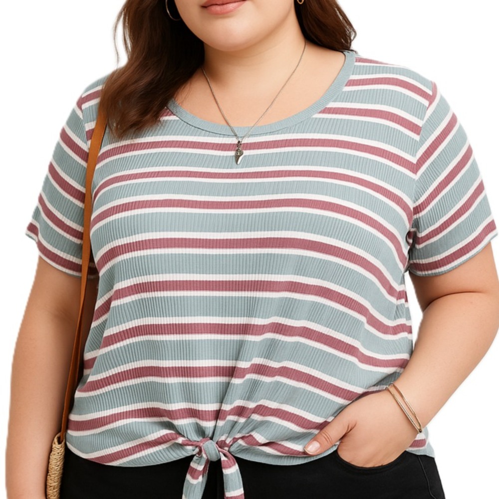 Womens XXL Striped Tie Front Top Blouse Casual Preppy Short Sleeve Tee NWT